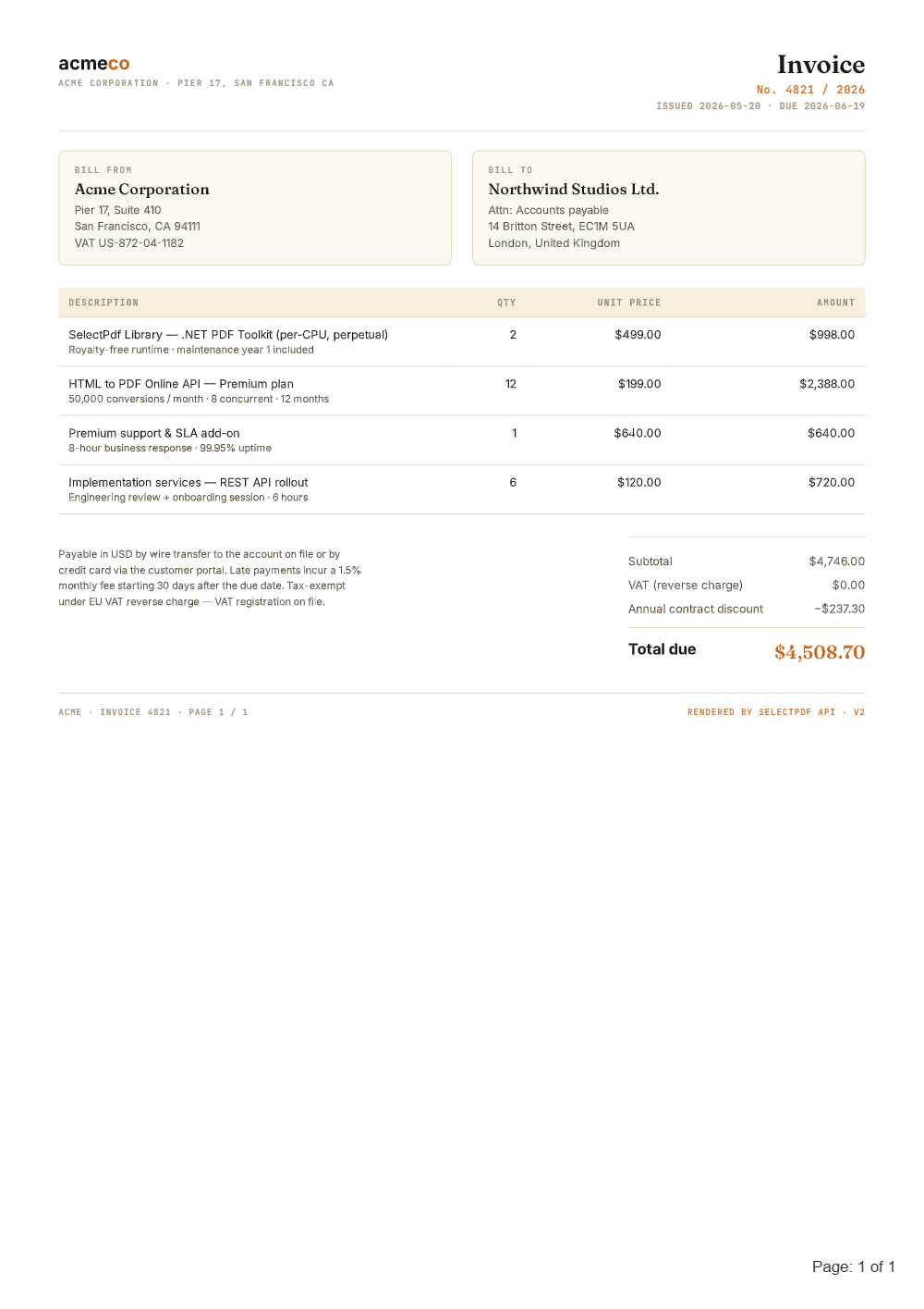 Invoice PDF generated from a URL by the SelectPdf HTML to PDF REST API