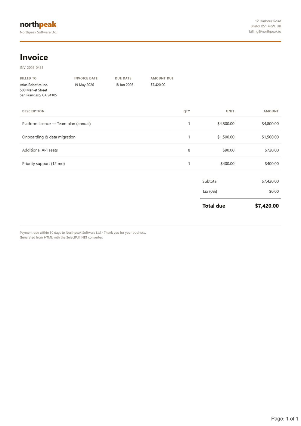 Invoice PDF generated from HTML by the SelectPdf HTML to PDF converter for .NET