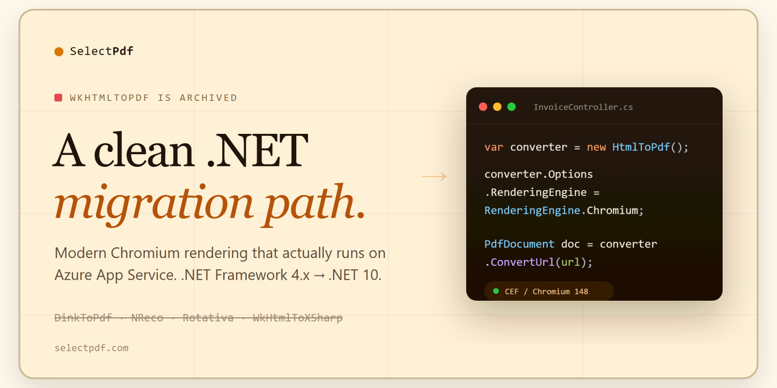 wkhtmltopdf is archived. A straight .NET migration guide (Azure, Windows, and the Linux caveat)